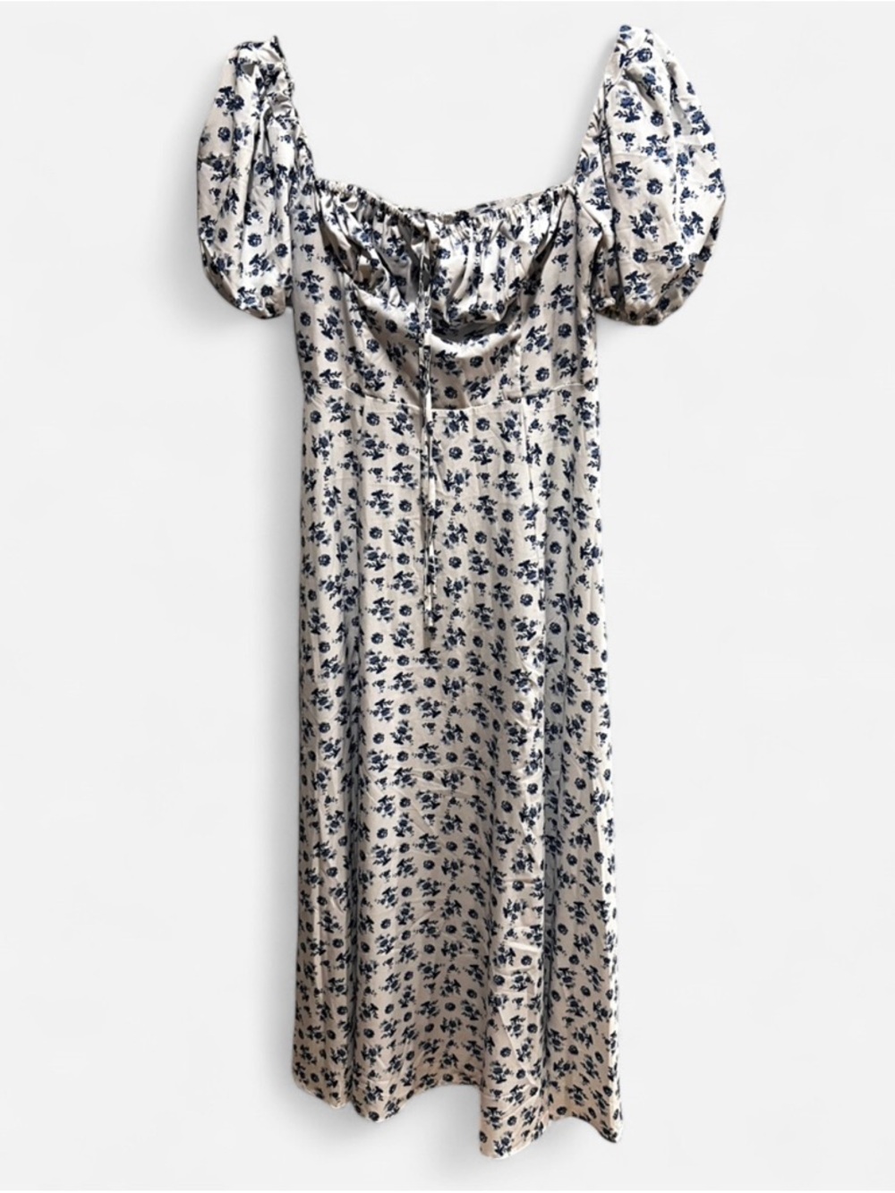 Source Unknown Cream Midi Dress with Navy Floral Print and Puff Sleeves